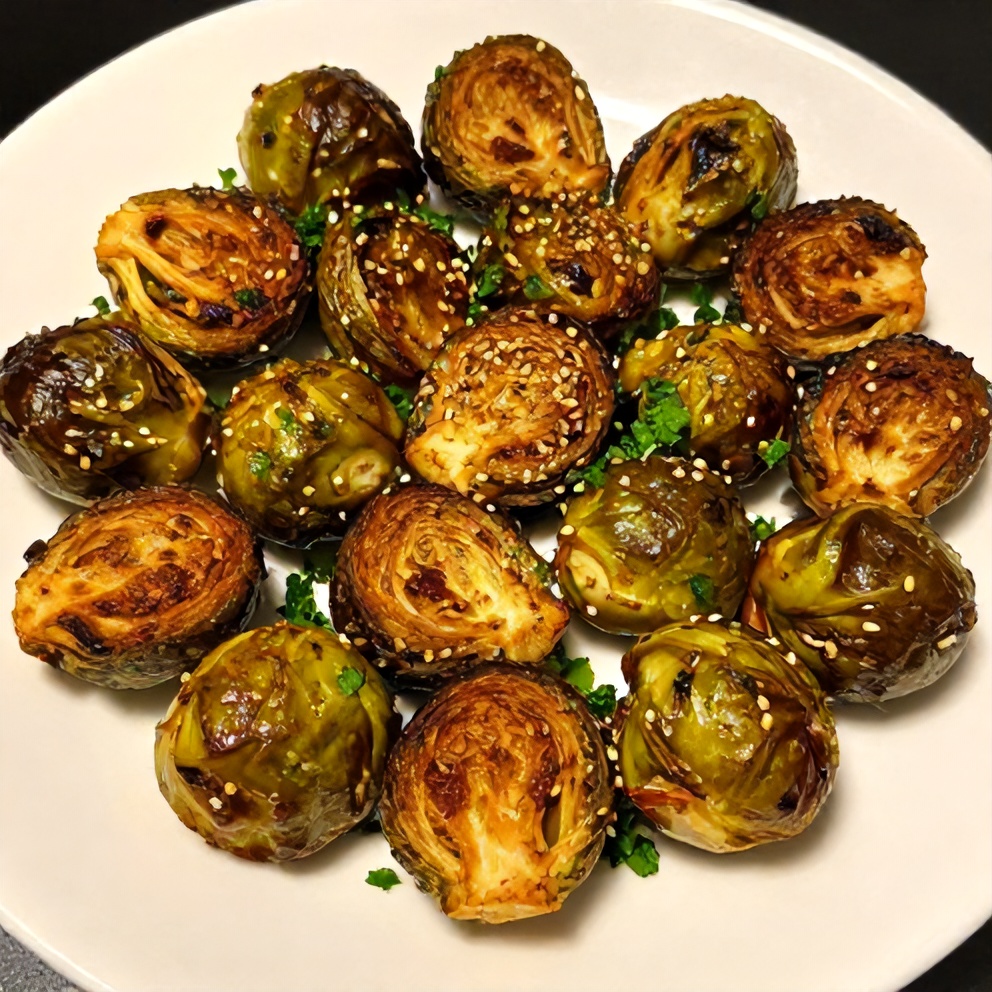Plated Air Fryer Brussels Sprouts with Honey and Spice