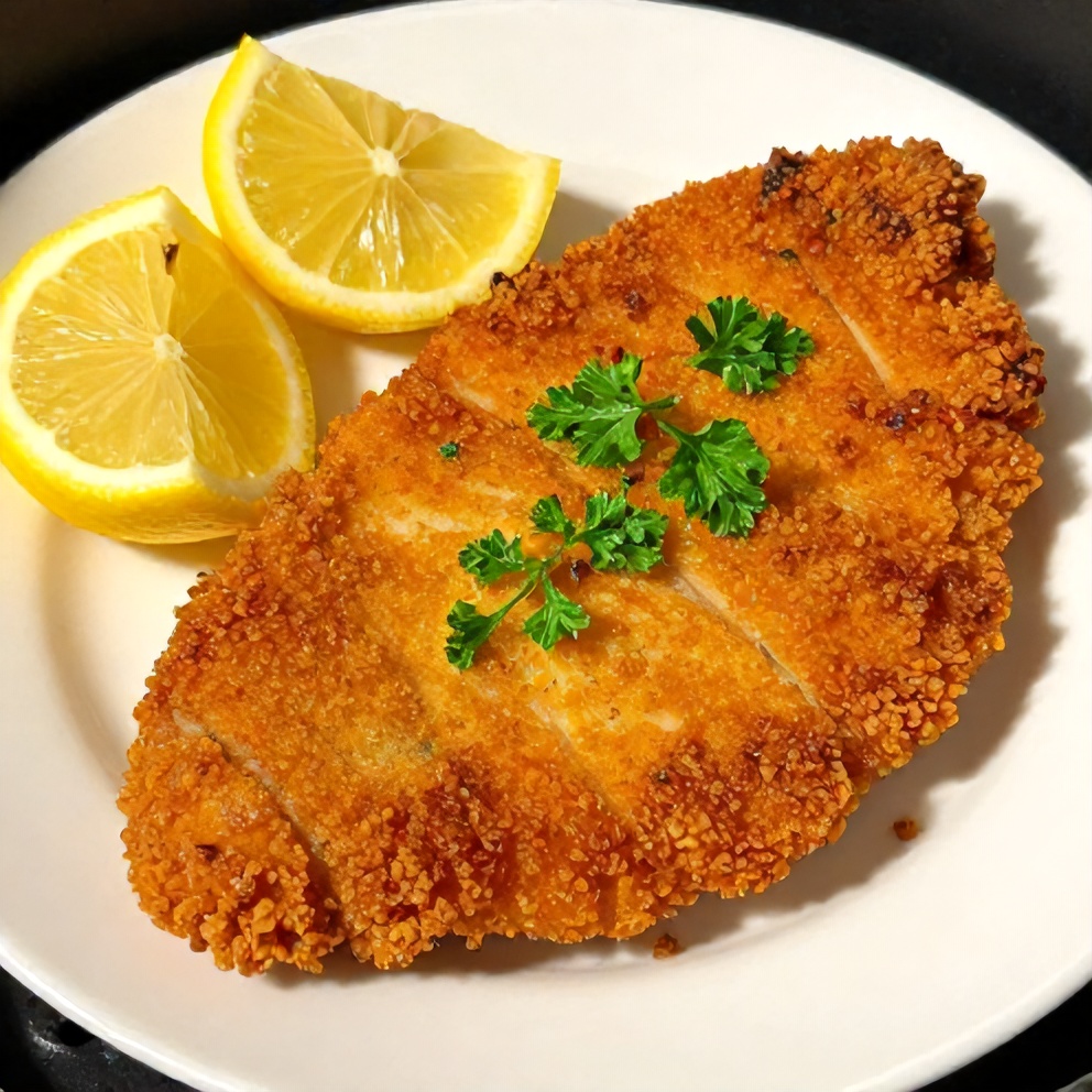 Plated air fryer chicken cutlets with lemon wedges and fresh herbs