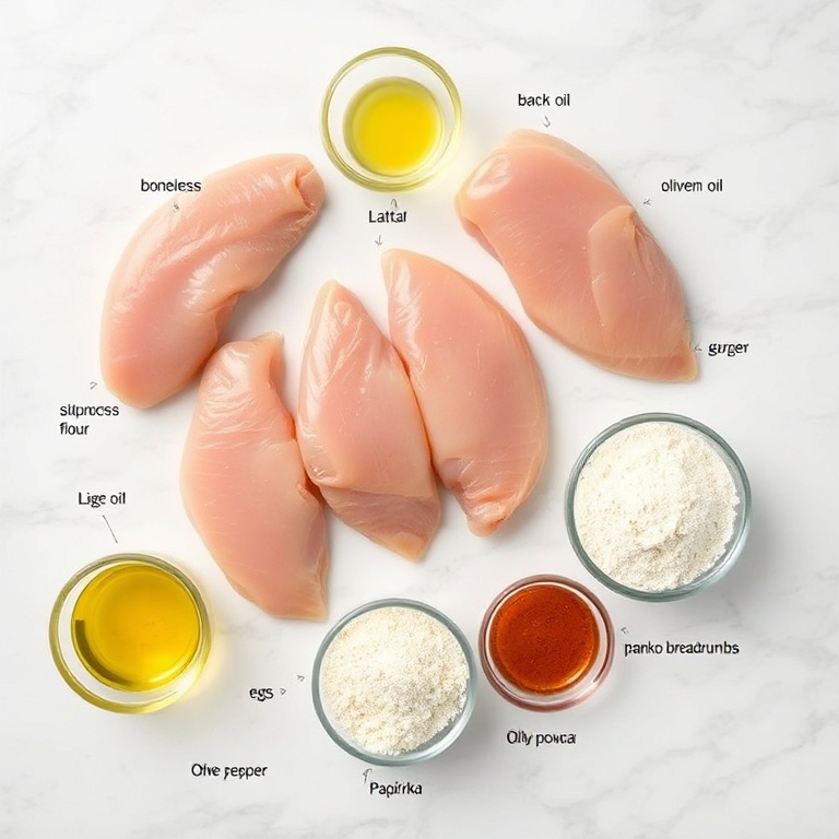 Raw ingredients for air fryer chicken cutlets laid out on a marble surface