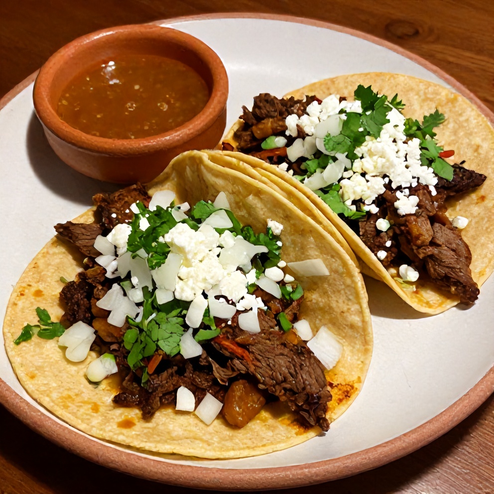 Plated serving of birria tacos with a side of consommé
