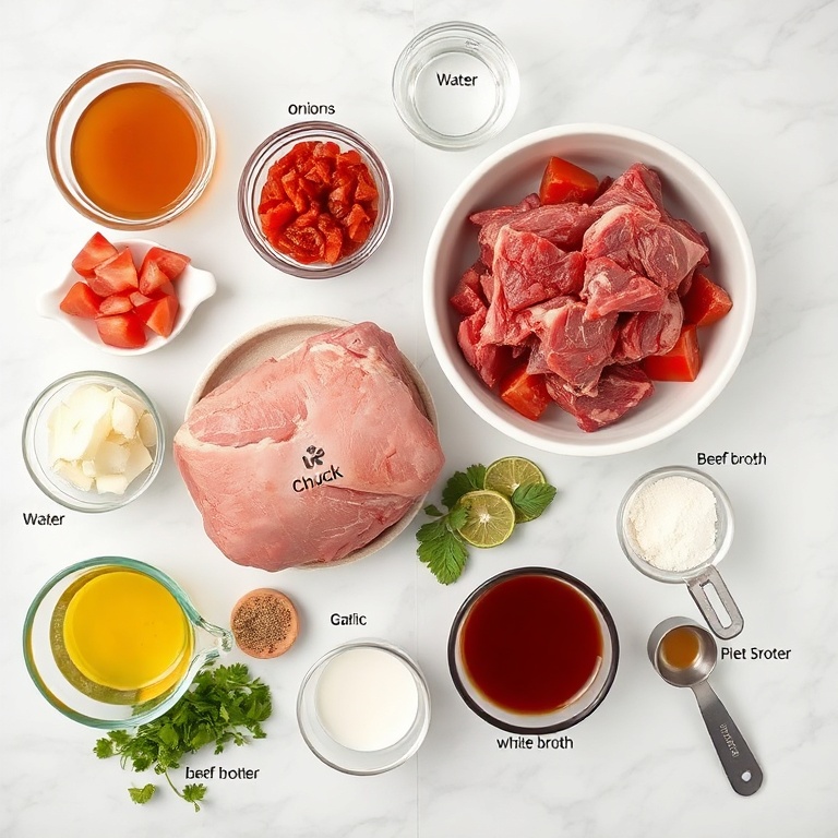 Overhead shot of raw ingredients for Authentic Pot Birria Tacos