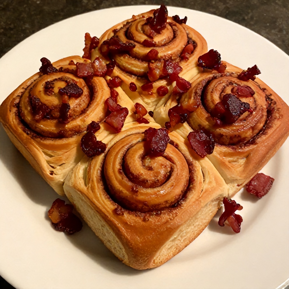 Plated serving of bourbon maple bacon cinnamon rolls with candied bacon topping