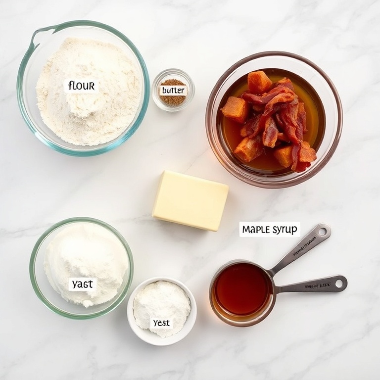 Raw ingredients for bourbon maple bacon cinnamon rolls including flour, yeast, butter, and maple syrup