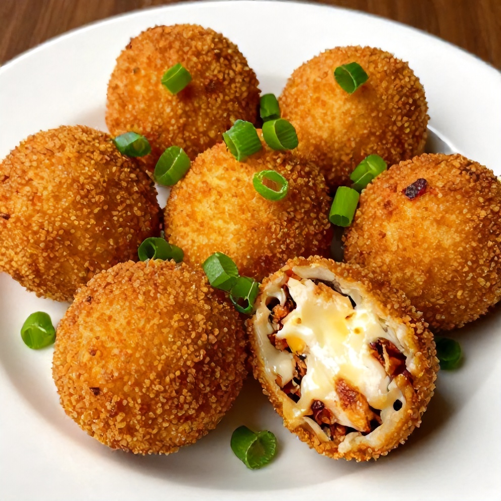 Plated serving of Buffalo Chicken Bacon Mozzarella Bombs on a white plate