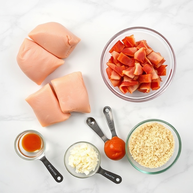 Raw ingredients for Buffalo Chicken Bacon Mozzarella Bombs on a white marble surface