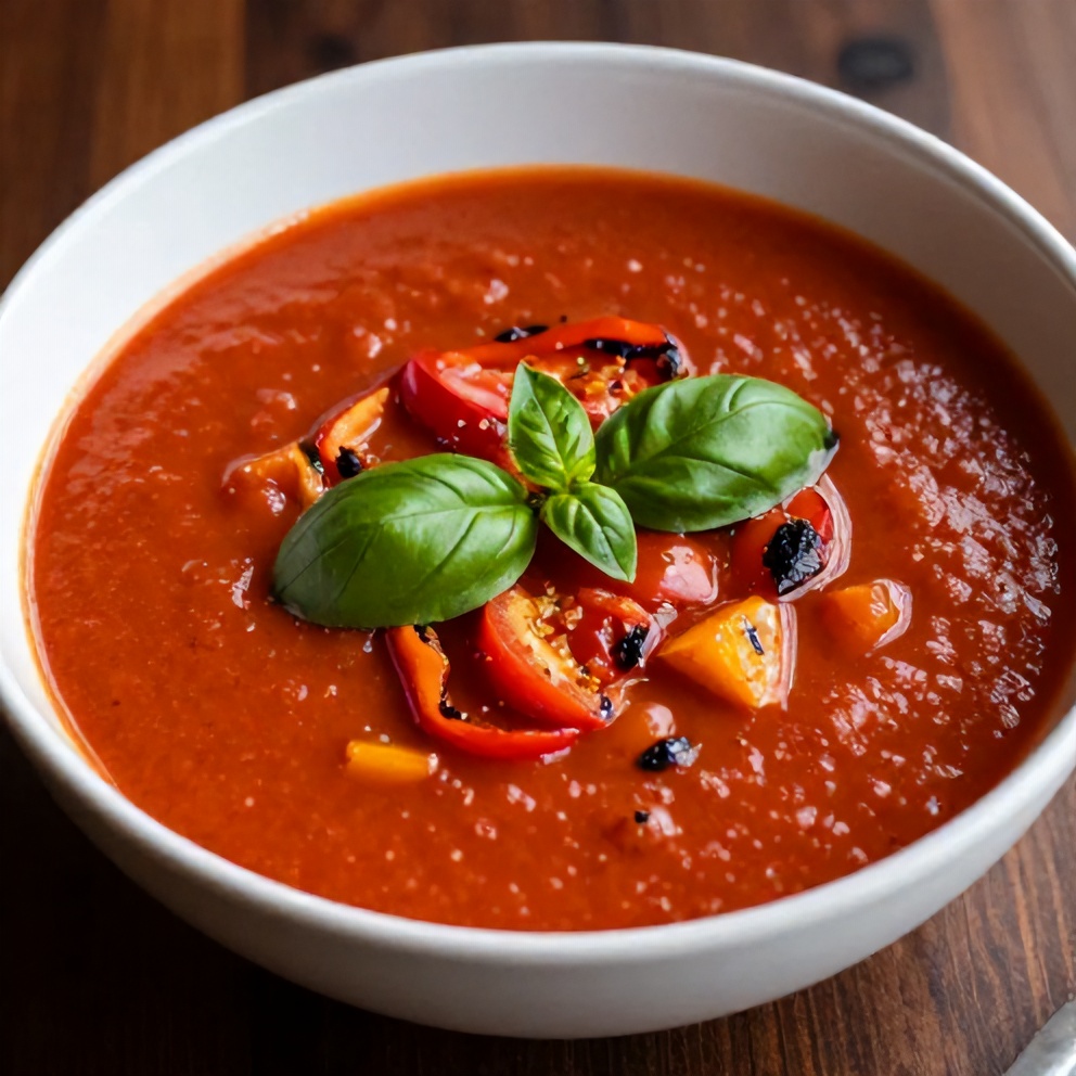 Plated serving of Chilled Mediterranean Tomato and Roasted Pepper Soup