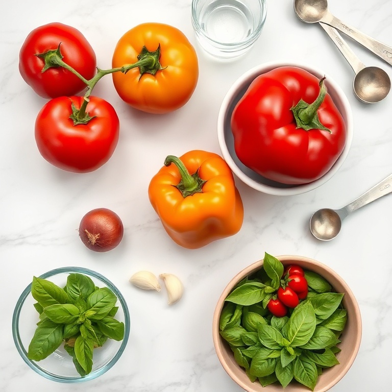 Raw ingredients for Chilled Mediterranean Tomato and Roasted Pepper Soup