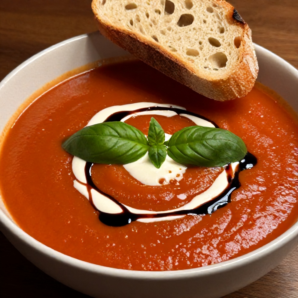 Plated Chilled Roasted Tomato Basil Soup