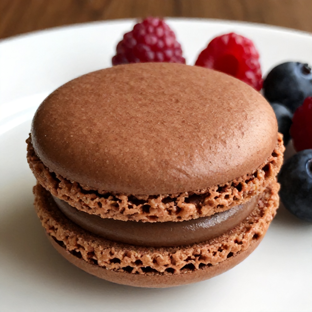 A single chocolate macaron on a white plate