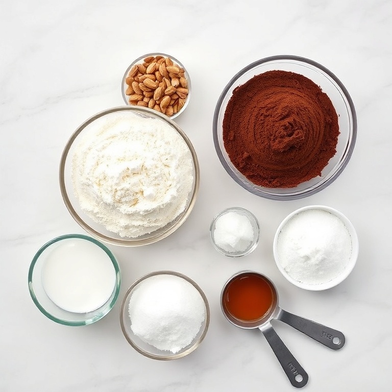 Raw ingredients for chocolate macarons arranged in a flat lay