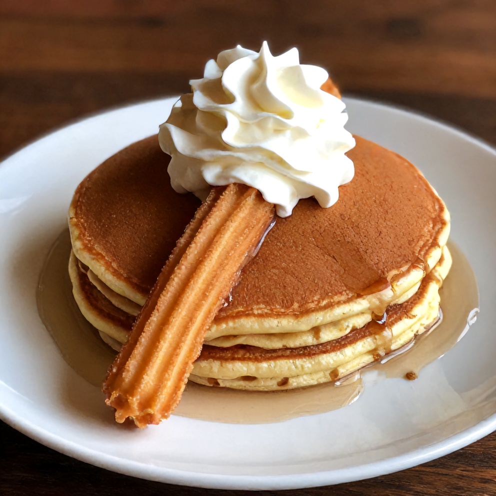 Stack of cinnamon sugar churro pancakes with whipped cream