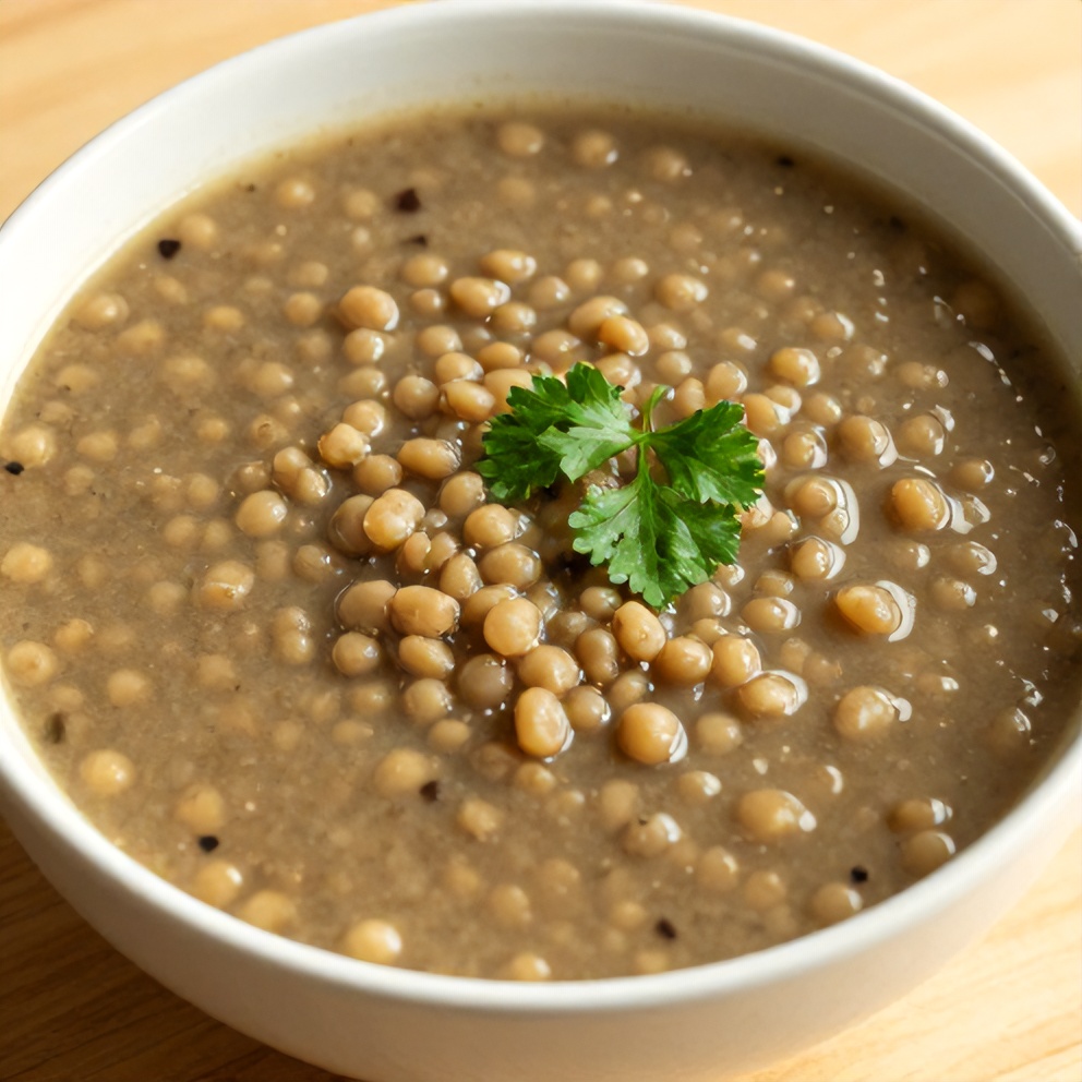 A bowl of split pea soup garnished with fresh parsley