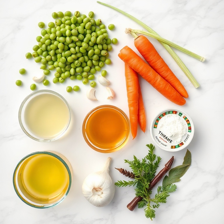 Split peas, onions, carrots, celery, garlic, and other ingredients laid out on a wooden surface