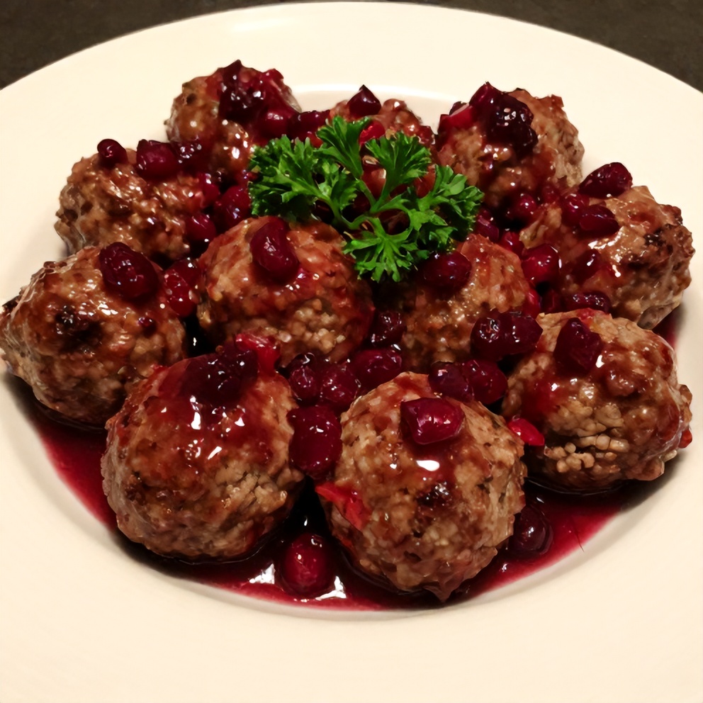 Plated Cranberry Meatballs with a side of mashed potatoes