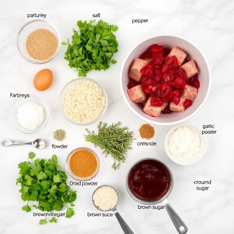 Raw ingredients for Cranberry Meatballs on a marble surface