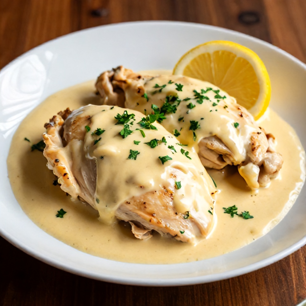 Plated serving of Creamy Baked Lemon Butter Chicken