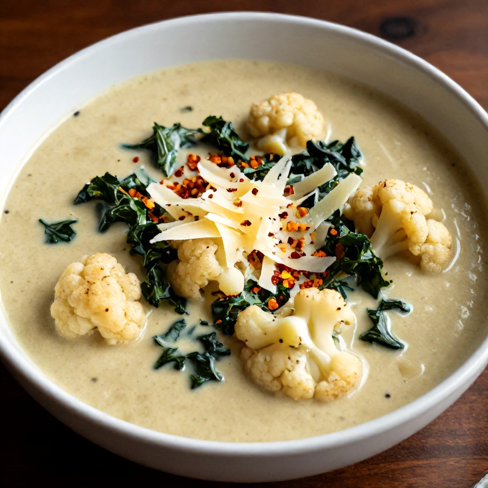 Creamy Cauliflower Sausage Kale Soup Served
