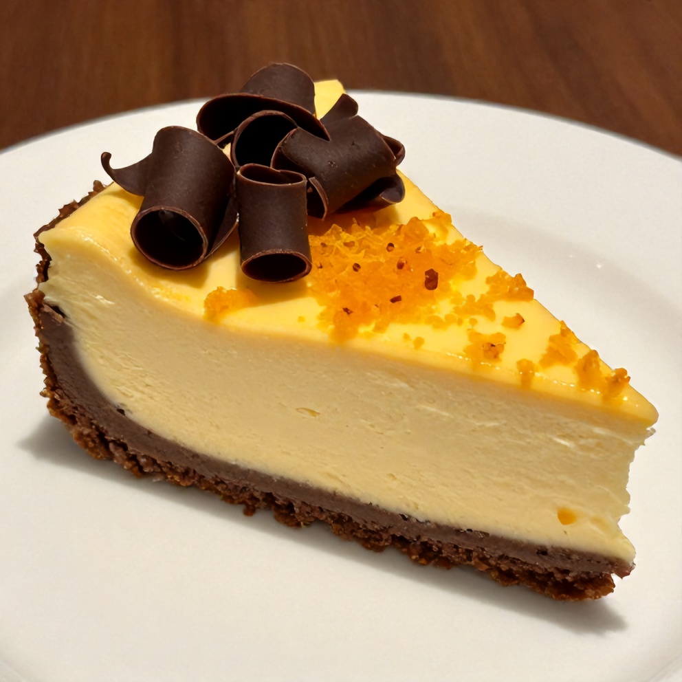 Plated slice of creamy chocolate orange cheesecake with orange zest and chocolate curls