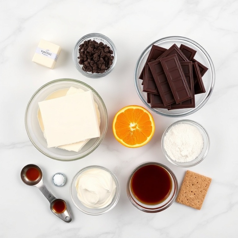 Raw ingredients for creamy chocolate orange cheesecake: cream cheese, chocolate, oranges, graham crackers