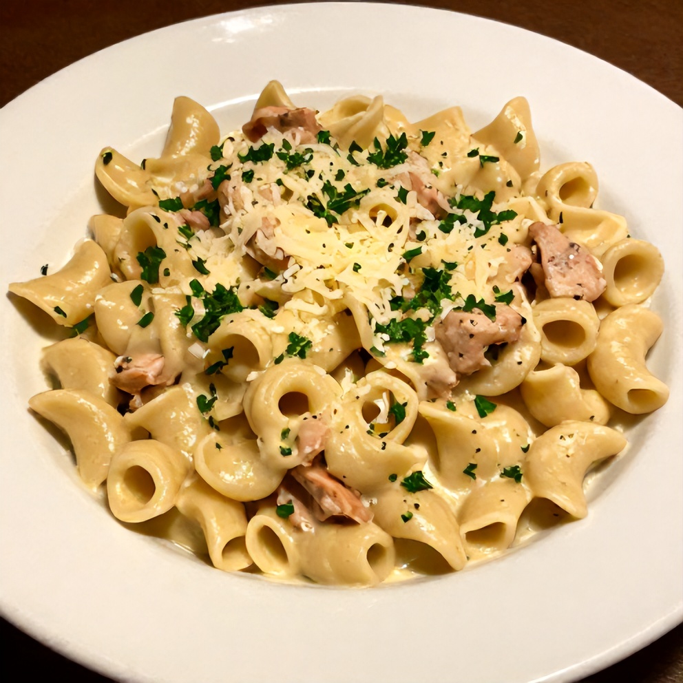 Plated serving of Creamy Crockpot Chicken Tortellini