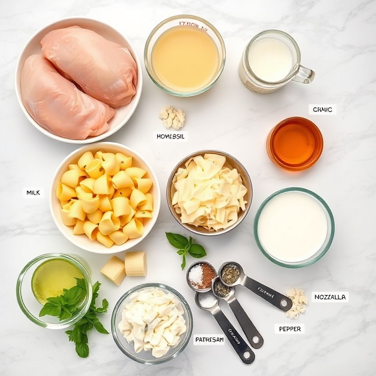 Raw ingredients for Crockpot Chicken Tortellini on a marble surface