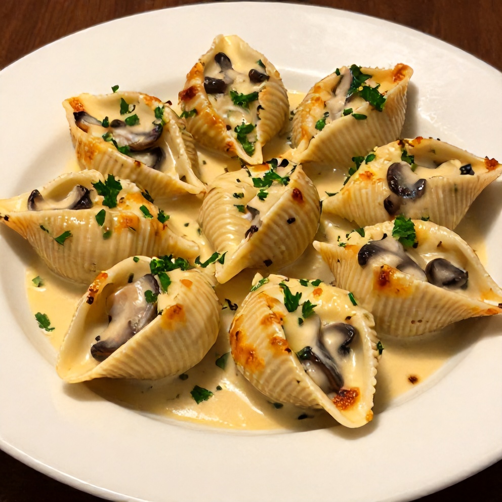 Creamy Garlic Mushroom Stuffed Shells plated with parsley garnish