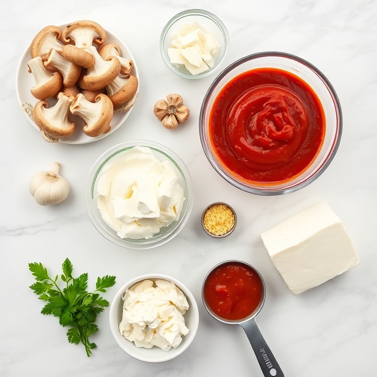 Raw ingredients for creamy garlic mushroom stuffed shells on a white marble surface