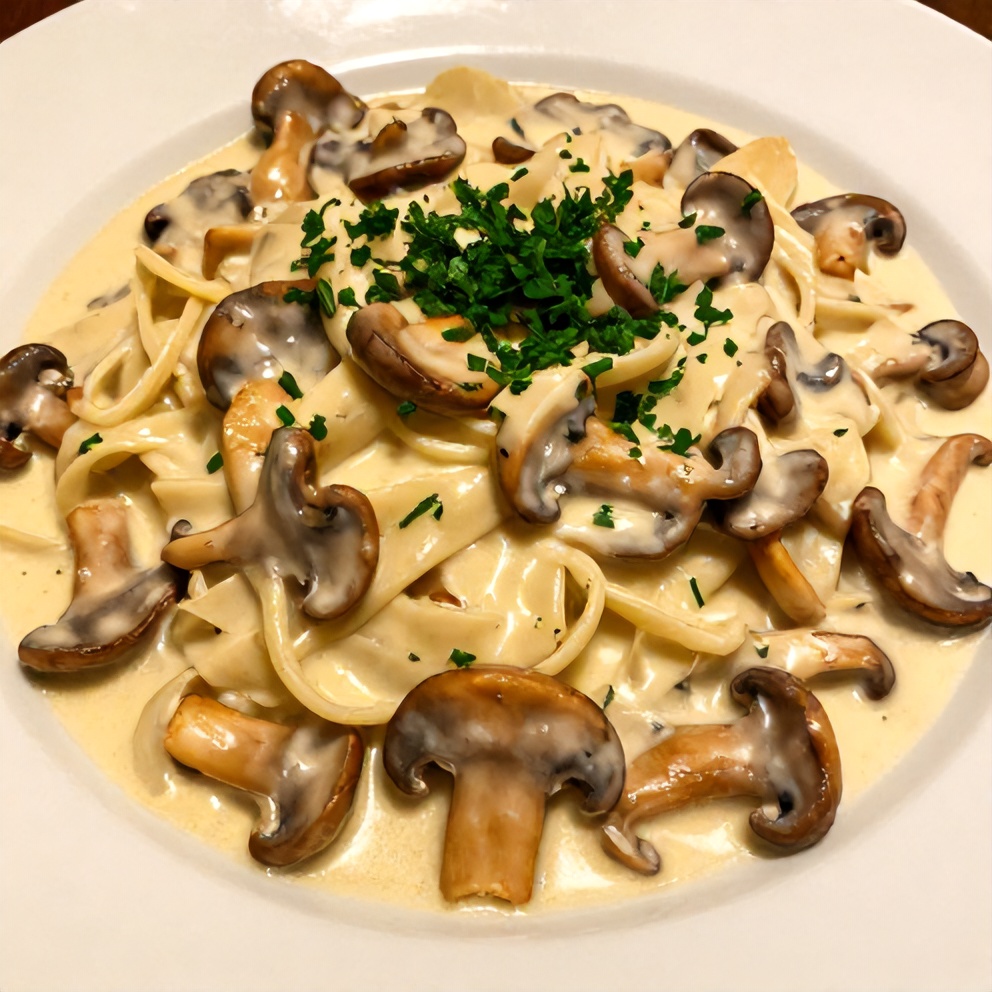 Plated Creamy Italian Mushroom Carbonara with parsley