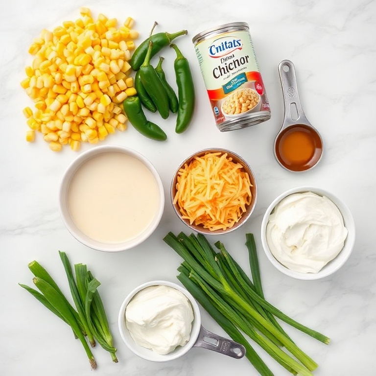 Overhead flat lay of raw ingredients for Jalapeño Popper Corn Casserole, including corn, jalapeños, cream of chicken soup, cheddar cheese, green onions, and cream cheese, small prep bowls and measuring spoons visible, white marble surface, bright even light, photorealistic overhead food photography, no text, no watermark