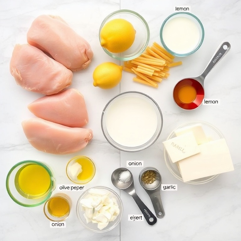 Raw Ingredients for Creamy Lemon Chicken Pasta Bake