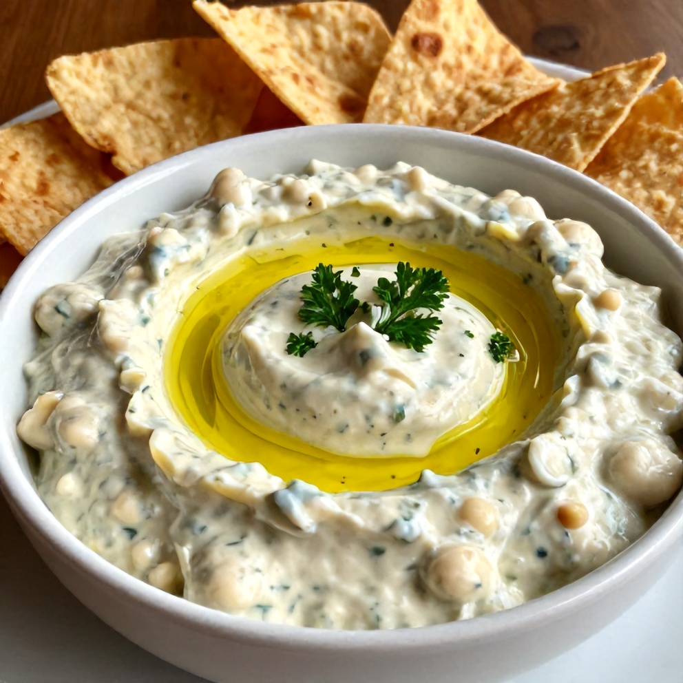 Creamy lemon herb white bean dip served with pita chips