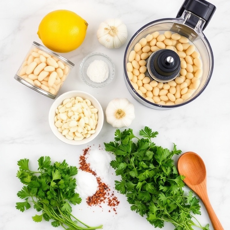 Raw ingredients for creamy lemon herb white bean dip: canned white beans, garlic, lemon, olive oil, fresh herbs, salt, and pepper