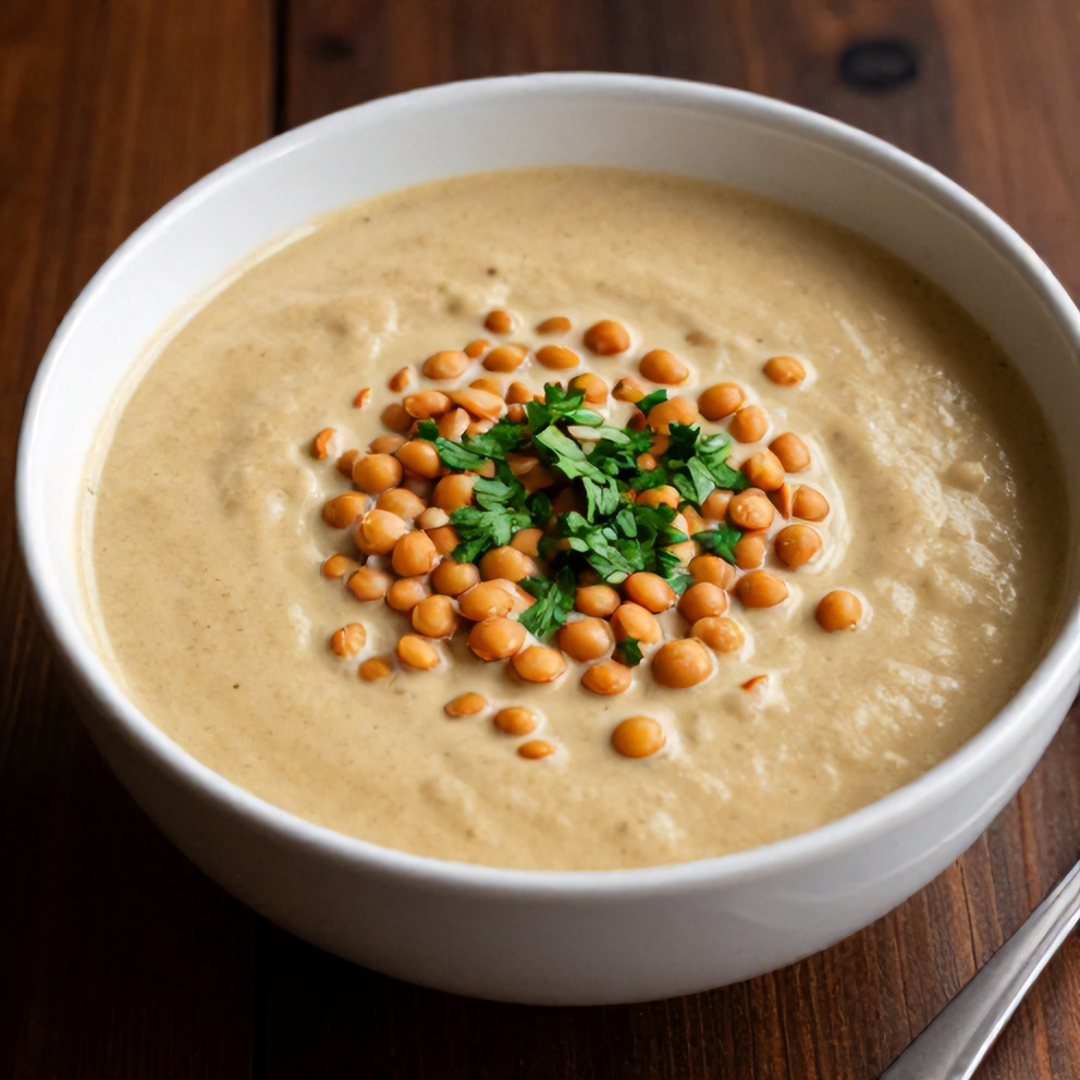 Bowl of Creamy Moroccan Harissa Lentil Soup with a sprinkle of parsley