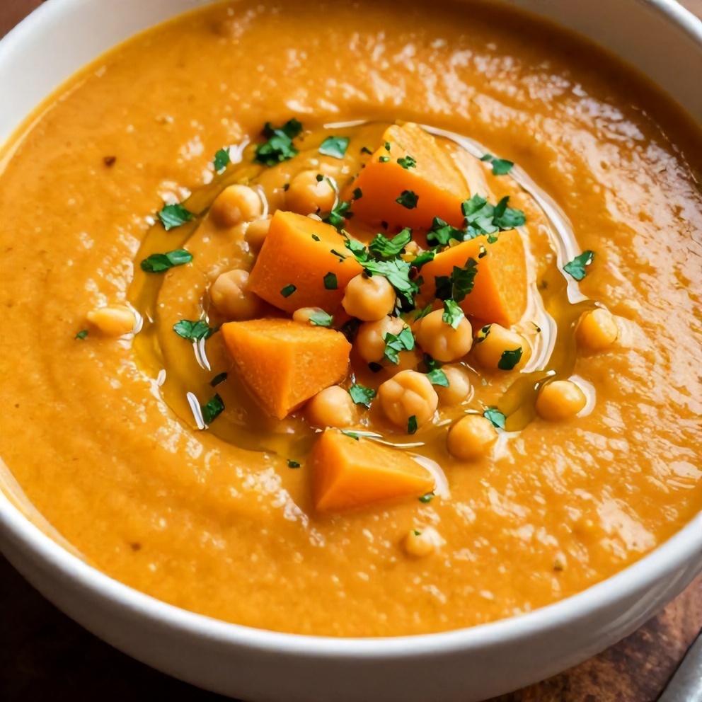 Creamy Moroccan Sweet Potato Soup with Chickpeas