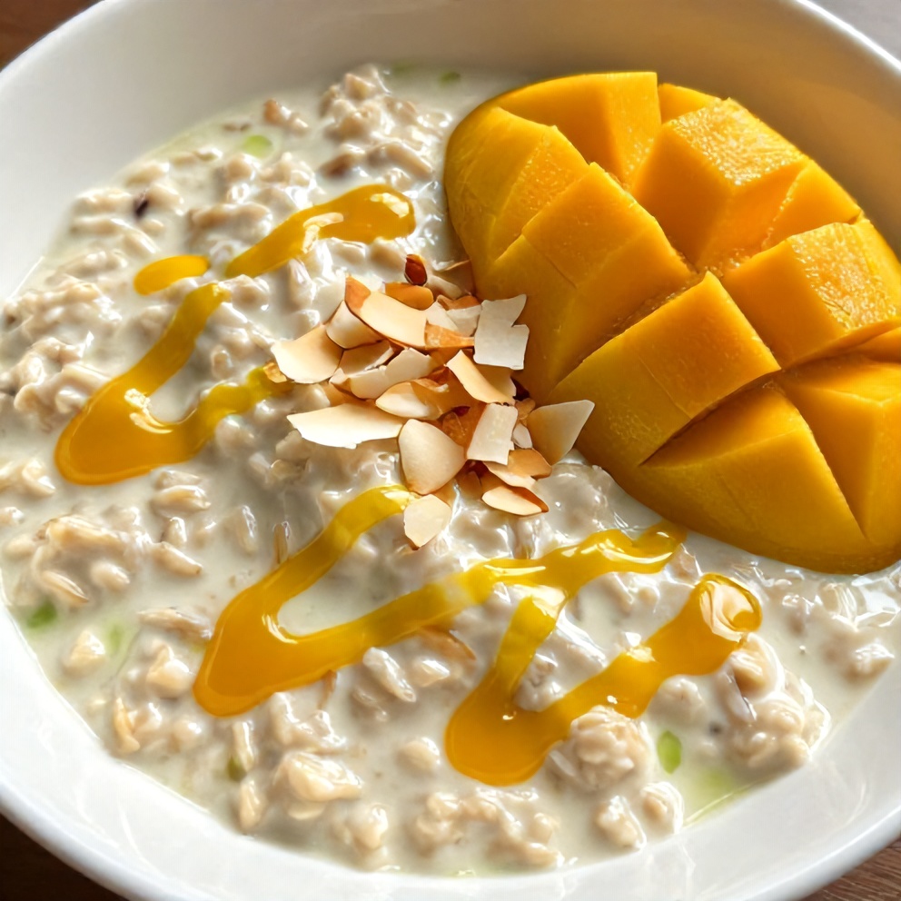 Finished Creamy Pandan Coconut Overnight Oats with Mango Drizzle