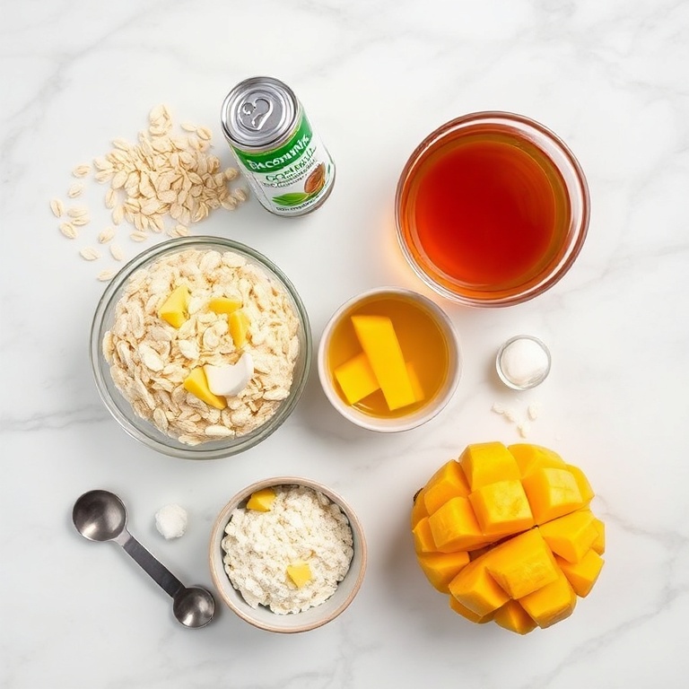 Raw ingredients for Creamy Pandan Coconut Overnight Oats with Mango Drizzle