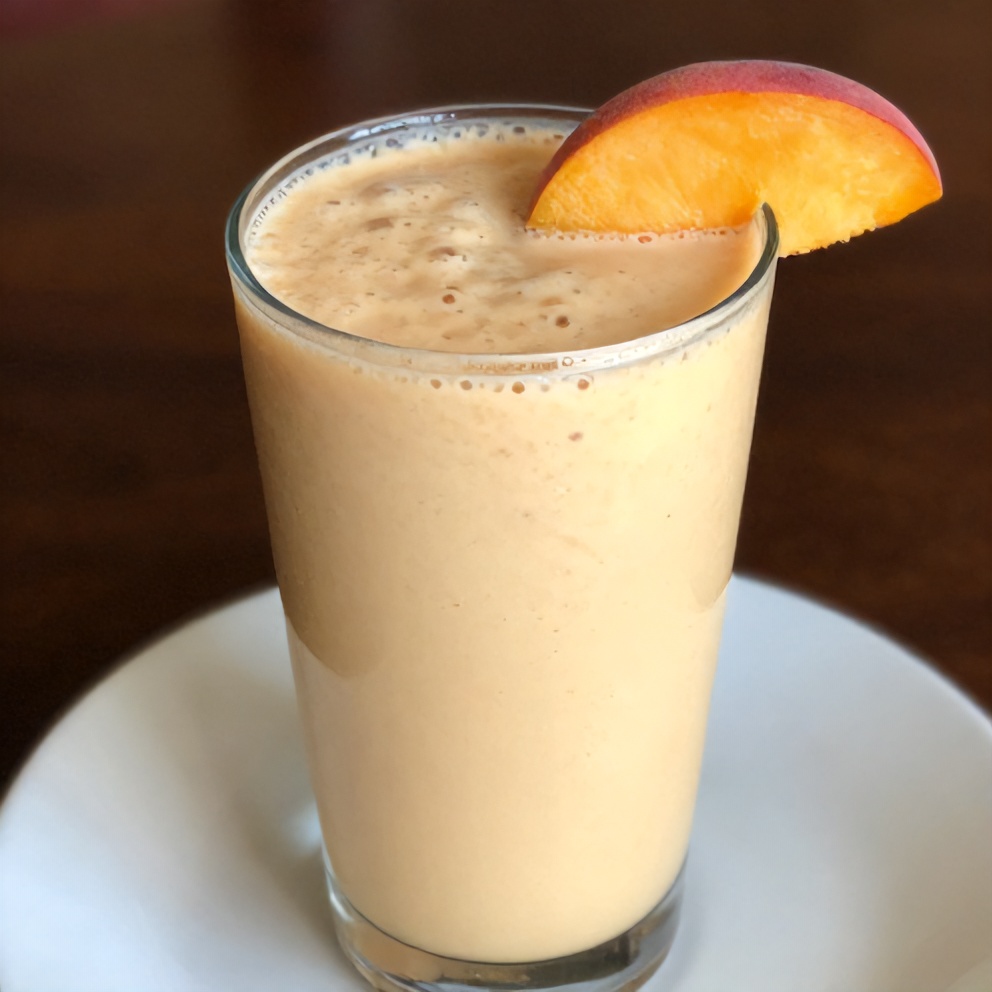 Creamy Peach Protein Shake garnished with a peach slice