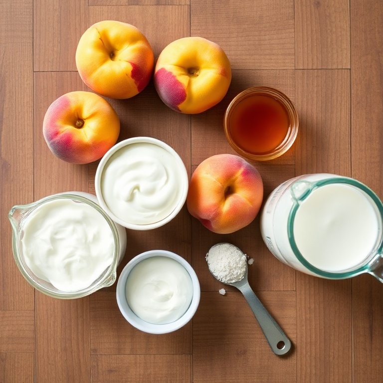 Peach protein shake ingredients on a wooden surface