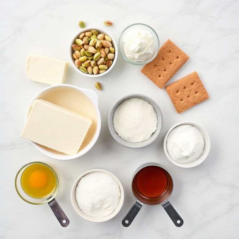 Raw Ingredients for Creamy Pistachio Cheesecake