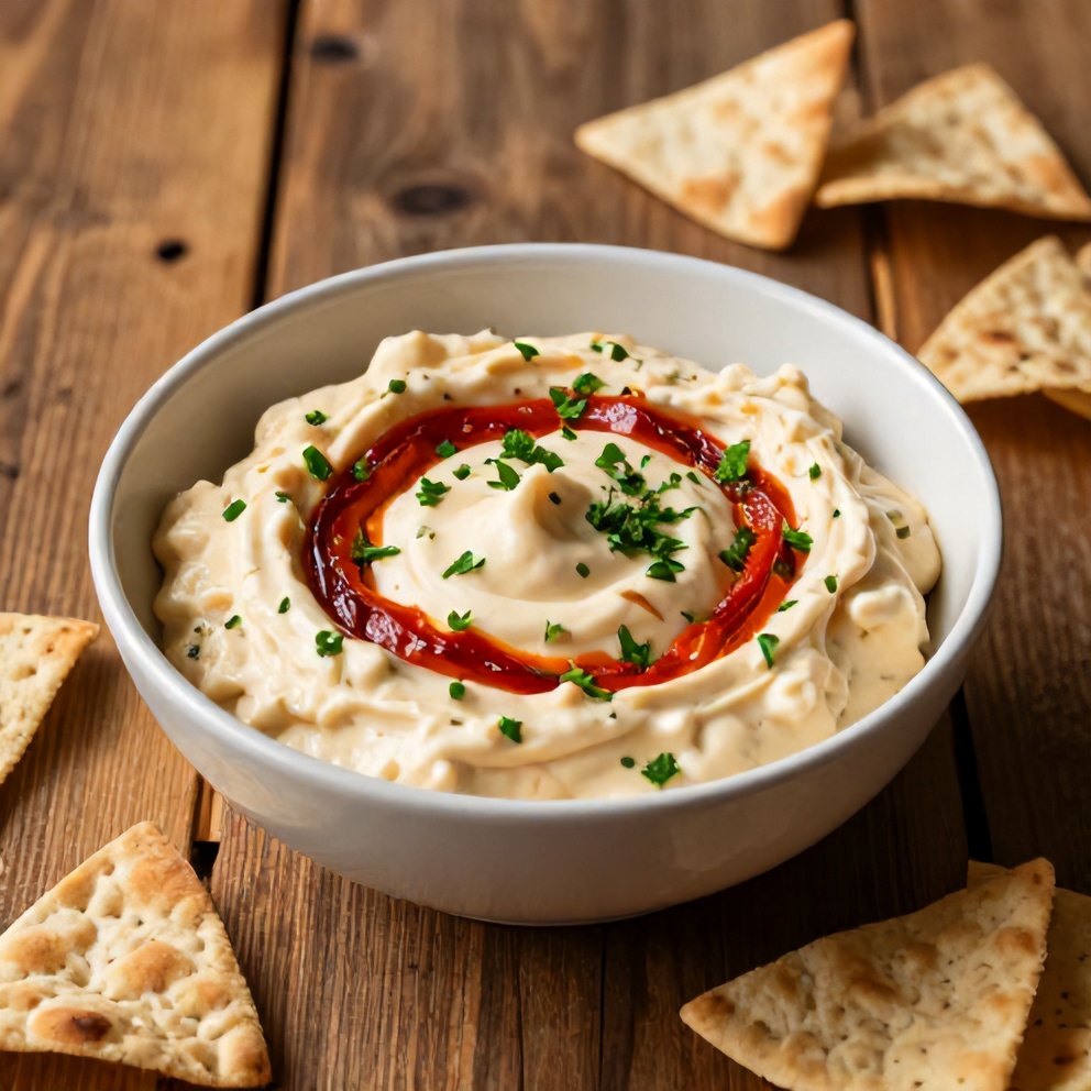 A bowl of Creamy Roasted Red Pepper and Garlic Dip garnished with chopped parsley, served with pita chips on a rustic wooden table.