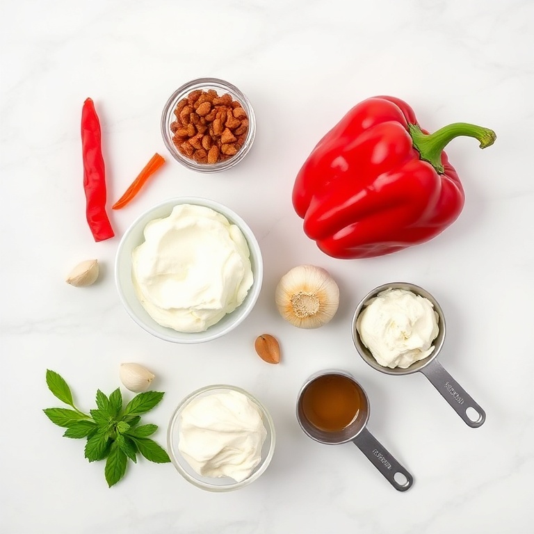 Raw ingredients for Creamy Roasted Red Pepper and Garlic Dip including red bell peppers, garlic, and cream cheese, arranged in a flat lay on a white marble surface.