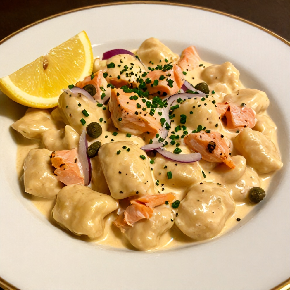Plated creamy smoked salmon gnocchi