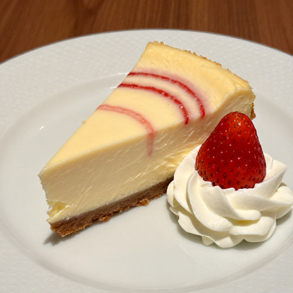 Sliced creamy strawberry swirl cheesecake on a plate with a dollop of whipped cream and a fresh strawberry
