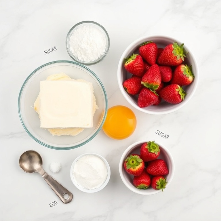 Raw ingredients for creamy strawberry swirl cheesecake including cream cheese, sugar, eggs, and fresh strawberries