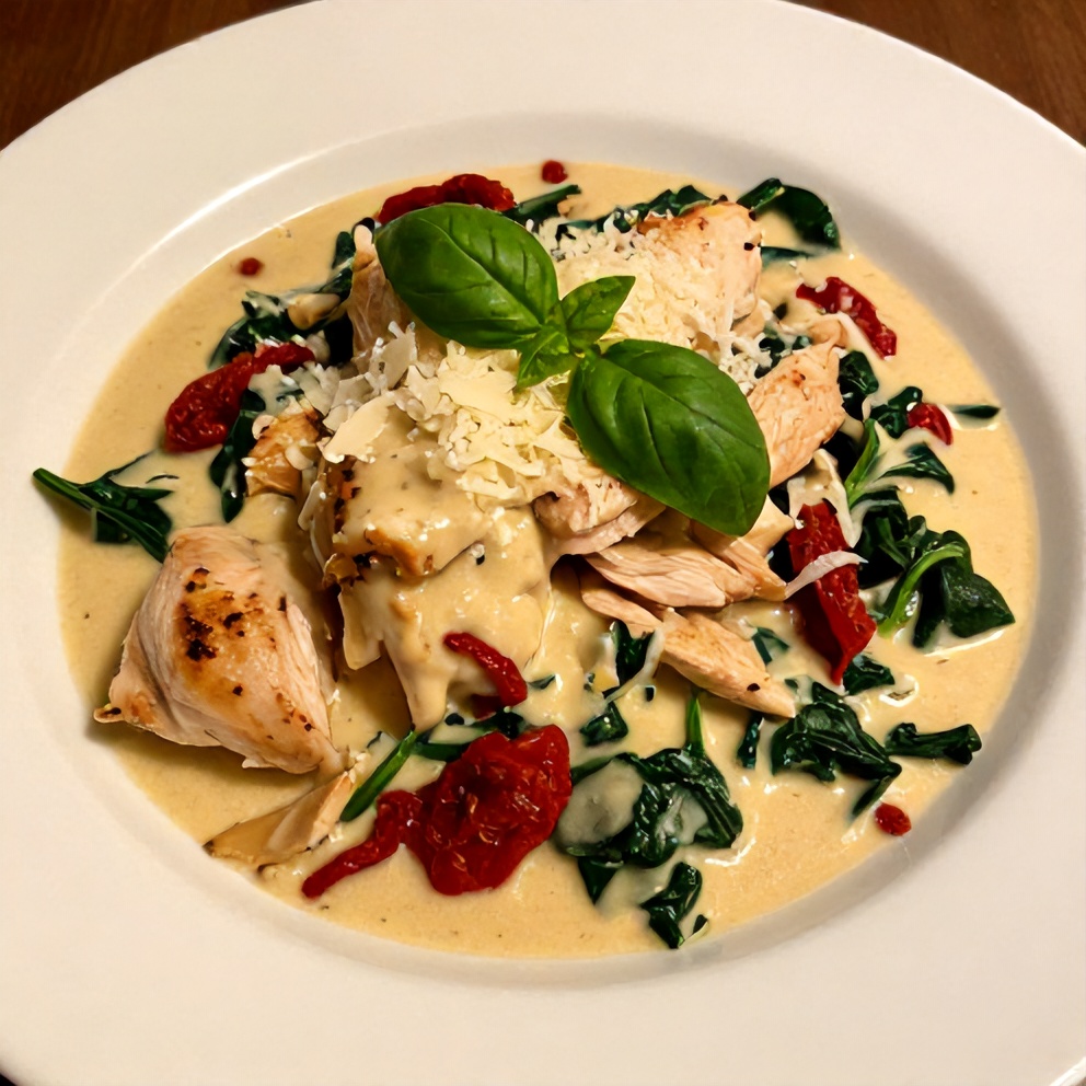 Finished Creamy Sun-Dried Tomato Chicken Skillet with Spinach