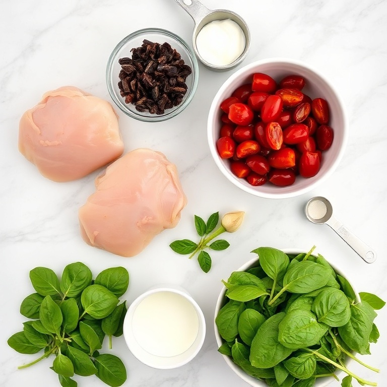 Raw Ingredients for Creamy Sun-Dried Tomato Chicken Skillet with Spinach