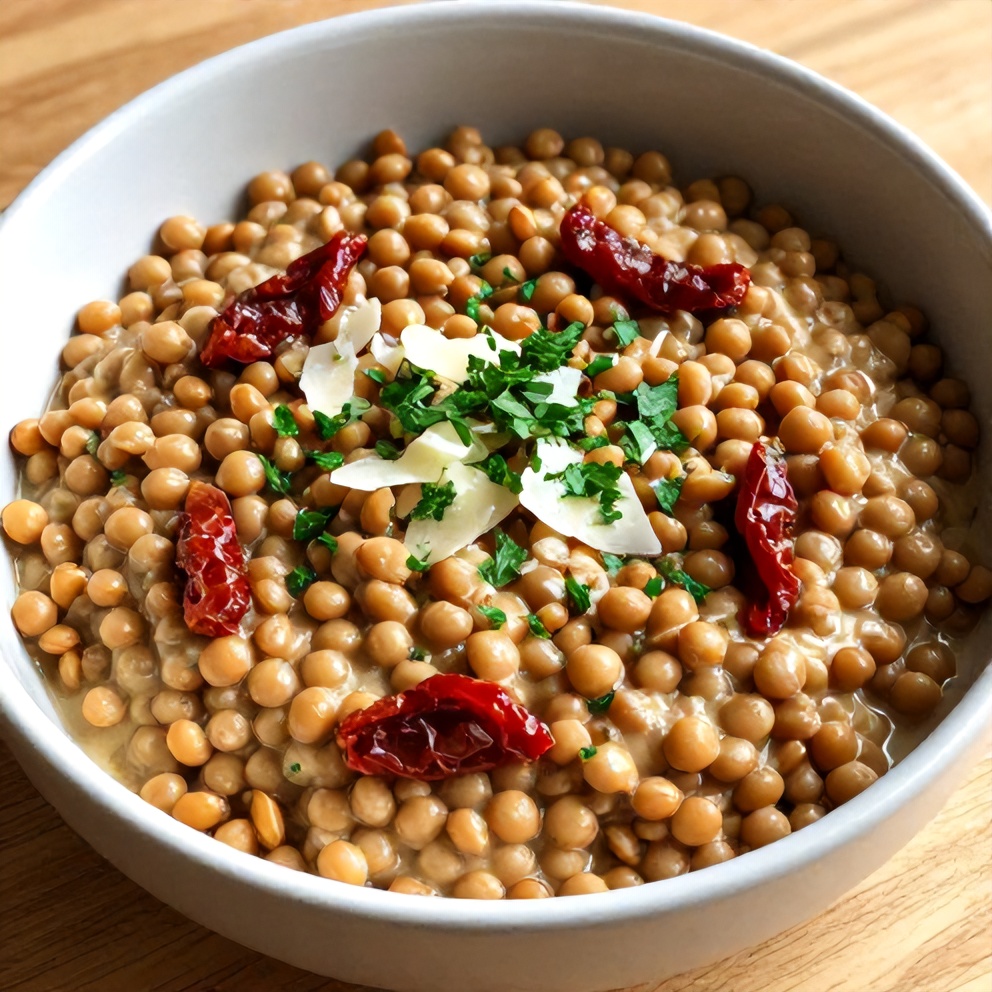A bowl of Creamy Sundried Tomato Lentils with a sprinkle of fresh parsley