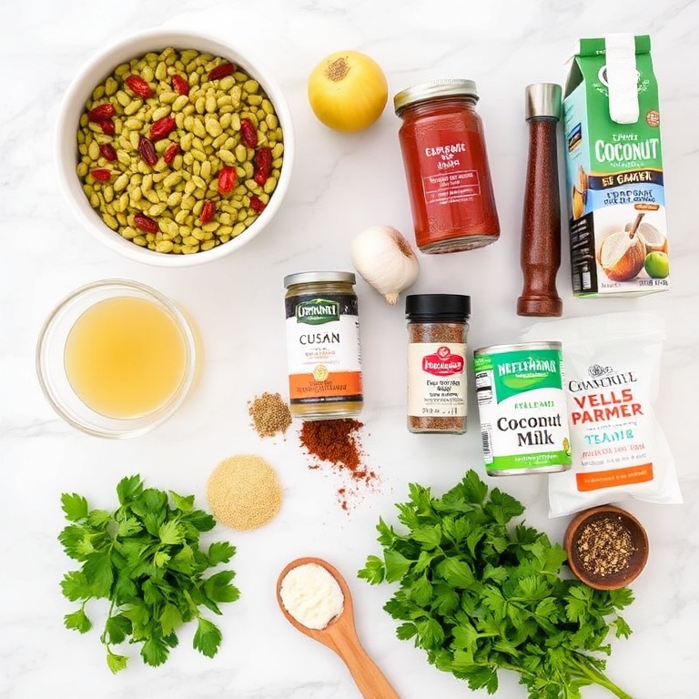 Raw ingredients for Creamy Sundried Tomato Lentils on a white marble surface