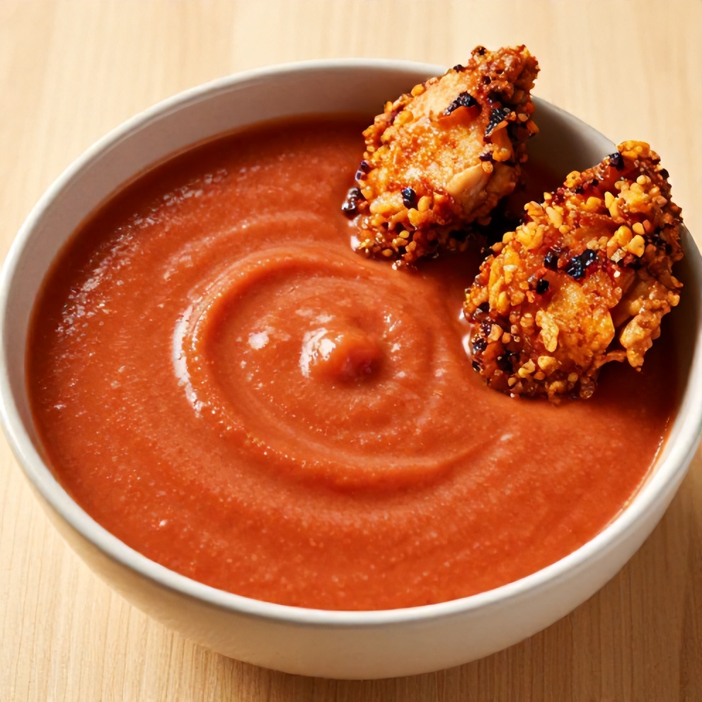 Bowl of creamy tomato soup with a side of crispy chipotle honey chicken