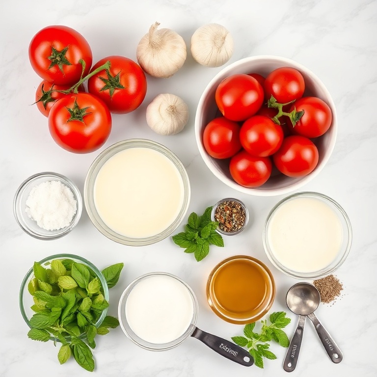 Fresh tomatoes, garlic, onion, canned tomatoes, and heavy cream arranged on a wooden surface